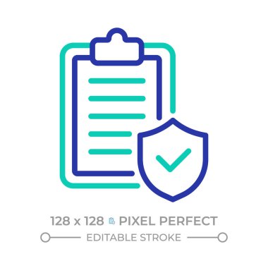 Sigorta poliçesi pikseli mükemmel iki renk çizgisi simgesi. Belge yönetimi. Doğrulanmış belge bicolor ana hatları sembolü. Duotone lineer piktogram. İzole bir illüstrasyon. Düzenlenebilir vuruş