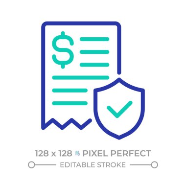 Politika anlaşması pikseli mükemmel iki renk çizgisi simgesi. Sigorta poliçesi, ödeme güvenliği. Vergi faturası iki renkli ana hat sembolü. Duotone lineer piktogram. İzole bir illüstrasyon. Düzenlenebilir vuruş