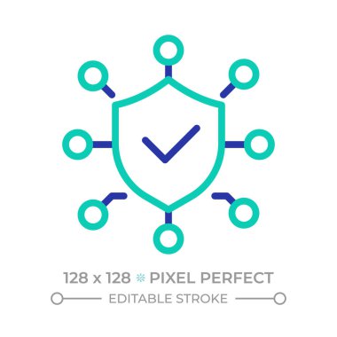 Veri koruma piksel mükemmel iki renk çizgisi simgesi. Ağ güvenliği, veri sistemi. Doğrulanmış bağlantı çift renkli ana hat sembolü. Duotone lineer piktogram. İzole bir illüstrasyon. Düzenlenebilir vuruş