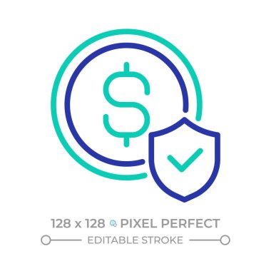 Para koruma pikseli mükemmel iki renk çizgisi simgesi. Güvenlik sistemi. Muhafız varlıkları. Güvenli işlemler çift renkli ana hat sembolü. Duotone lineer piktogram. İzole bir illüstrasyon. Düzenlenebilir vuruş