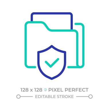 Dosya koruma piksel mükemmel iki renk çizgisi simgesi. Veri güvenliği. Kişisel mahremiyet. Bilgi şifreleme bicolor ana hat sembolü. Duotone lineer piktogram. İzole bir illüstrasyon. Düzenlenebilir vuruş