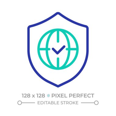 Dünya çapında erişim piksel mükemmel iki renk çizgisi simgesi. Uluslararası standart, onaylı statü. Küresel güvenlik çift renkli ana hat sembolü. Duotone lineer piktogram. İzole bir illüstrasyon. Düzenlenebilir vuruş