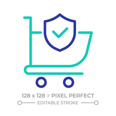 Çevrimiçi güvenlik pikseli satın alıyor. Mükemmel iki renk çizgisi simgesi. Müşteri hizmetleri. Onaylanmış iki renk ana hatlı alışveriş arabası. Duotone lineer piktogram. İzole bir illüstrasyon. Düzenlenebilir vuruş