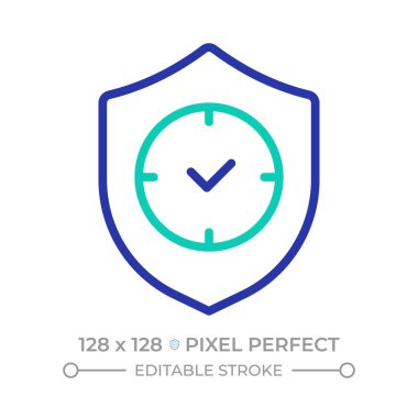 Garanti periyodu pikseli iki renk çizgisi simgesi. Onaylanmış servis, kapsama süresi. İki renkli ana hatları garanti et. Duotone lineer piktogram. İzole bir illüstrasyon. Düzenlenebilir vuruş