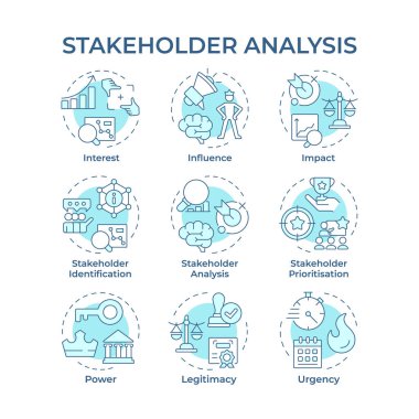 Hissedar analizi yumuşak mavi konsept simgeleri. Faiz artışı, işletme yönetimi. Başlangıç yatırımı. Simge paketi. Vektör görüntüleri. Kitapçık ve makale için yuvarlak şekilli çizimler. Soyut fikir