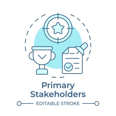 Birincil hissedarlar yumuşak mavi konsept ikonu. Görev başarısı, belge onayı. Yuvarlak şekil çizimi. Soyut bir fikir. Grafik tasarımı. Kitapçıkta, makalede kullanması kolay