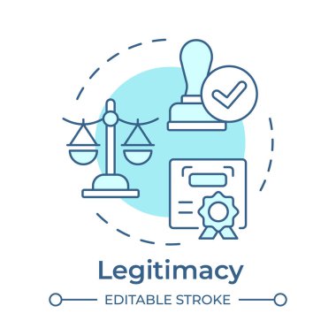 Meşruiyet, yumuşak mavi kavram ikonu. Yasal uyum sağlama. Doğrulama belgesi, yönetim yönetmeliği. Yuvarlak şekil çizimi. Soyut bir fikir. Grafik tasarımı. Kitapçıkta, makalede kullanması kolay