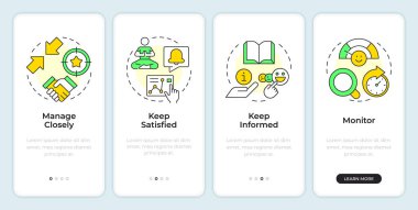 Mobil uygulama ekranındaki güç matrisi. Hedefe ulaşılıyor. Doğrusal kavramlarla düzenlenebilir grafik yönergelerini dört adımda gözden geçir. UI, UX, GUI. Montserrat Yarı Kalın, Düzenli yazı tipleri