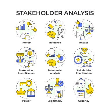 Hissedar analizi çok renkli konsept simgeleri. Faiz artışı, işletme yönetimi. Başlangıç yatırımı. Simge paketi. Vektör görüntüleri. Kitapçık ve makale için yuvarlak şekilli çizimler. Soyut fikir