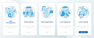 Mobil uygulama ekranında kredi onayı mavisi. Ev kredisi. Doğrusal kavramlarla düzenlenebilir grafik yönergelerini 5 adımda gezdir. UI, UX, GUI. Montserrat Yarı Kalın, Düzenli yazı tipleri