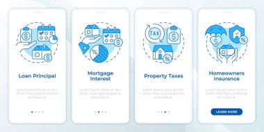 Mavi PITI bileşenleri mobil uygulama ekranında. İpotek ödemeleri. Doğrusal kavramlarla düzenlenebilir grafik yönergelerini dört adımda gözden geçir. UI, UX, GUI. Montserrat Yarı Kalın, Düzenli yazı tipleri