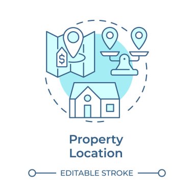 Mülkiyet konumu yumuşak mavi konsept simgesi. Emlak alımı, emlak piyasası. Ev adresi. Yuvarlak şekil çizimi. Soyut bir fikir. Grafik tasarımı. Sunumda kullanması kolay, kitapçık