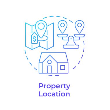 Mülkiyet konumu mavi gradyan konsept simgesi. Emlak alımı, emlak piyasası. Ev adresi. Yuvarlak şekil çizimi. Soyut bir fikir. Grafik tasarımı. Sunumda kullanması kolay, kitapçık