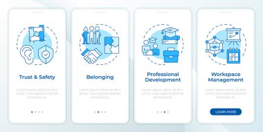 İş yeri kültürü mavisi mobil uygulama ekranında. Profesyonel büyüme. Doğrusal kavramlarla düzenlenebilir grafik yönergelerini dört adımda gözden geçir. UI, UX, GUI. Montserrat Yarı Kalın, Düzenli yazı tipleri
