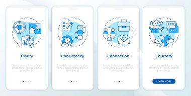 Mobil uygulama ekranında işyeri görgü kuralları mavisi. Proje geliştirme. Doğrusal kavramlarla düzenlenebilir grafik yönergelerini dört adımda gözden geçir. UI, UX, GUI. Montserrat Yarı Kalın, Düzenli yazı tipleri
