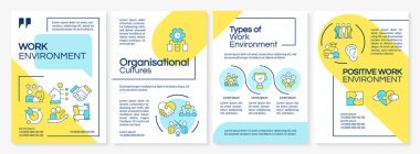 Şirket kültürü mavi ve sarı broşür. Organizasyon kültürü, zaman yönetimi. Renk çizgisi simgeli broşür reklam tasarımı. Düzenlenebilir 4 sayfa. Questrial, Lato-Düzenli yazı tipleri