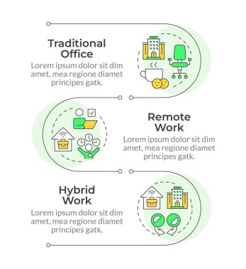 Farklı tip iş modelleri, dikey bilgi dizisi. Uzaktan kumanda, ev ofisi. 3 adımlı görselleştirme bilgi tablosu. Daireler iş akışı. Montserrat Yarı Kalın, Lato Düzenli yazı tipleri