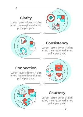 Kurumsal iletişim becerileri bilgisel dikey dizisi. Proje yapısı. 4 adımlı görselleştirme bilgi tablosu. Daireler iş akışı. Montserrat Yarı Kalın, Lato Düzenli yazı tipleri