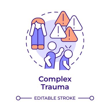 Kompleks travma çok renkli konsept ikonu. Psikolojik baskı, sosyal sıkıntı. Ayrımcı kişi. Yuvarlak şekil çizimi. Soyut bir fikir. Grafik tasarımı. Broşürde kullanması kolay, kitapçık.