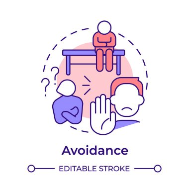 Kaçınma çoklu renk konsepti simgesi. Sosyal dışlanma, iletişim sorunları. İnsan izolasyonu. Yuvarlak şekil çizimi. Soyut bir fikir. Grafik tasarımı. Broşürde kullanması kolay, kitapçık.