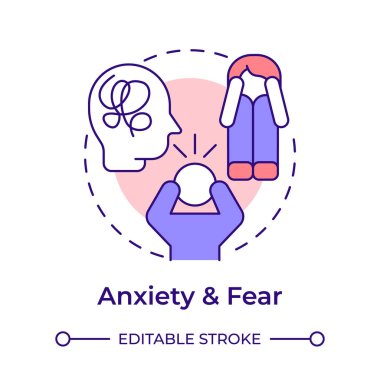 Endişe ve korku çok renkli konsept ikonu. Akıl sağlığı, kişisel stres. Duygusal çöküntü. Yuvarlak şekil çizimi. Soyut bir fikir. Grafik tasarımı. Broşürde kullanması kolay, kitapçık.