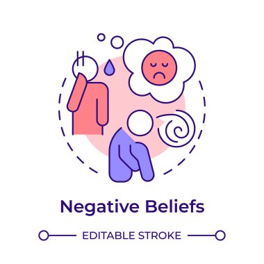 Negatif inançlar çok renkli konsept simgesi. Duygusal yorgunluk, ruh hali bozukluğu. Bilişsel endişe. Yuvarlak şekil çizimi. Soyut bir fikir. Grafik tasarımı. Broşürde kullanması kolay, kitapçık.