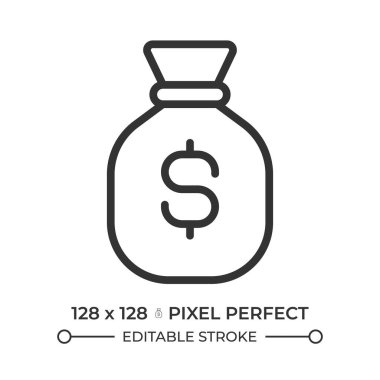 Para çantası pikseli mükemmel çizgi simgesi. Dolar işaretiyle bağlanmış çuval. Nakit para. Finansal tutarlılık. Zenginlik. İzole vektör çizimi. Taslak sembol. Basit doğrusal çizim. Düzenlenebilir vuruş