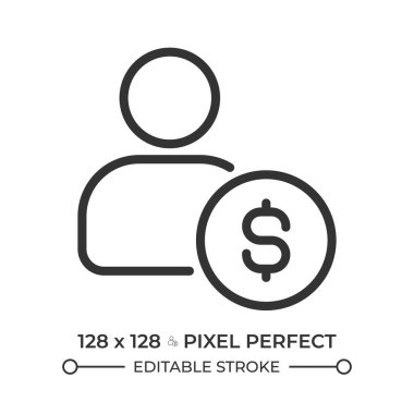 Dolar sikke pikseli mükemmel çizgi simgesi olan kişi. Banka hesap sahibi. Para geliri ve tasarruf. Finansal hizmet. İzole vektör çizimi. Taslak sembol. Basit doğrusal çizim. Düzenlenebilir vuruş