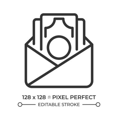 Nakit maaş piksel mükemmel çizgi simgesi. Üzerinde banknotlar olan bir zarf. Finansal tasarruflar ve kazançlar. Para geliri. İzole vektör çizimi. Taslak sembol. Basit doğrusal çizim. Düzenlenebilir vuruş