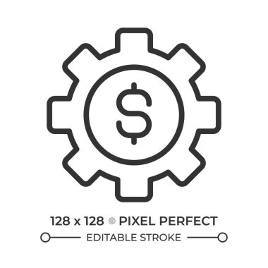 Dolar pikselli vites mükemmel çizgi simgesi. Endüstri ve teknolojiden para kazanmak. Finansal ayarlar. Bütçe. İzole vektör çizimi. Taslak sembol. Basit doğrusal çizim. Düzenlenebilir vuruş