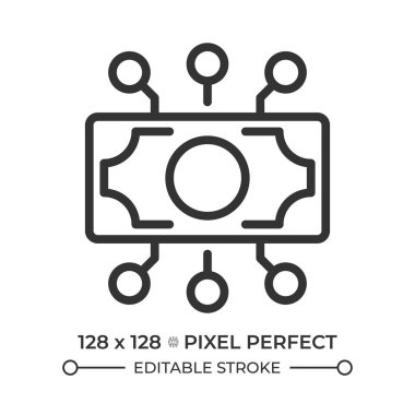 Dijital para birimi piksel mükemmel çizgi simgesi. Ağ işlemlerini engelle. Nakitsiz ödeme servisi. İzole vektör çizimi. Taslak sembol. Basit doğrusal çizim. Düzenlenebilir vuruş
