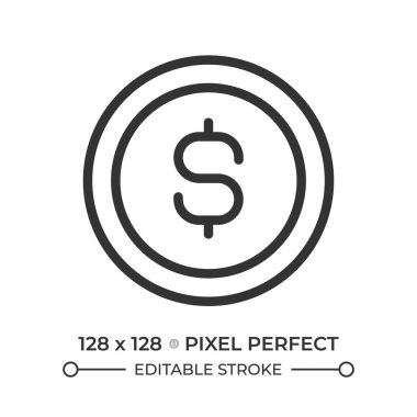 Dolar işareti pikselli sikke mükemmel çizgi simgesi. Ödeme için nakit para. Mali gelir ve tasarruflar. İzole vektör çizimi. Taslak sembol. Basit doğrusal çizim. Düzenlenebilir vuruş