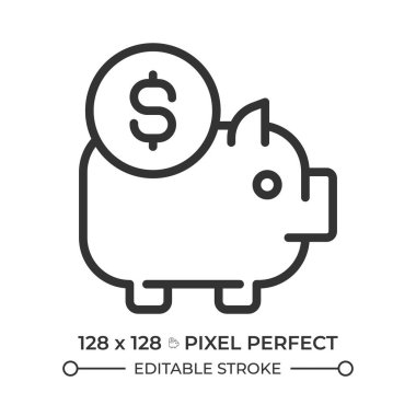 Domuz kumbarası pikseli mükemmel çizgi simgesi. Bozuk parayı konteynıra yerleştiriyorum. Gelecek hedefler için para biriktiriyorum. Kazanç. İzole vektör çizimi. Taslak sembol. Basit doğrusal çizim. Düzenlenebilir vuruş