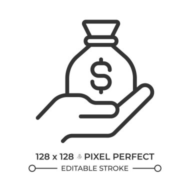 Gelir pikseli mükemmel çizgi simgesi. El ele tutuşan bir çuval para. Maaş alıyorum. Finansal yönetim. Zenginlik. İzole vektör çizimi. Taslak sembol. Basit doğrusal çizim. Düzenlenebilir vuruş