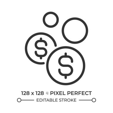 Yüzen madeni paralar piksel mükemmel çizgi simgesi. Finansal balon. Ekonomik durgunluk sırasında para yönetimi. İzole vektör çizimi. Taslak sembol. Basit doğrusal çizim. Düzenlenebilir vuruş