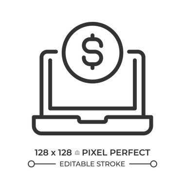 Çevrimiçi bankacılık pikseli mükemmel çizgi simgesi. Bir dolar bozuk parayla bilgisayarı aç. Dijital ödeme servisi. Para transferi. İzole vektör çizimi. Taslak sembol. Basit doğrusal çizim. Düzenlenebilir vuruş