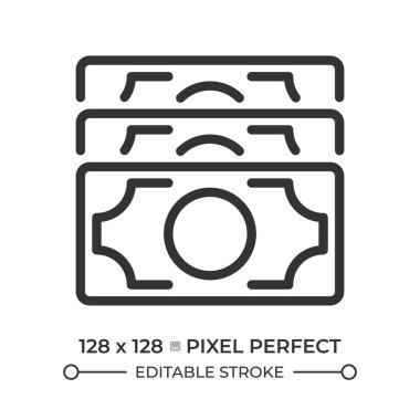 Bir yığın banknot piksel mükemmel çizgi simgesi. Nakit parayla ödeme. Finansal yönetim. Kişisel tasarruflar. İzole vektör çizimi. Taslak sembol. Basit doğrusal çizim. Düzenlenebilir vuruş