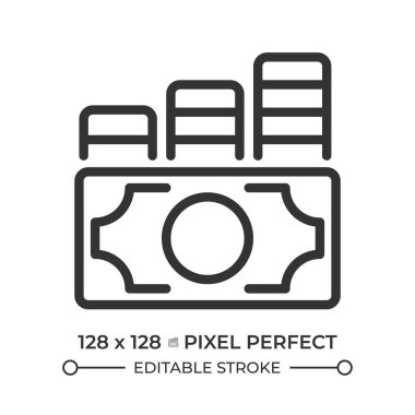 Bozuk para desteleri piksel mükemmel çizgi simgesi ile banknot. Tasarruf artışı. Akıllı yatırım. Gelir yönetimi. İzole vektör çizimi. Taslak sembol. Basit doğrusal çizim. Düzenlenebilir vuruş