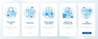 Kronik hastalık yönetimi bileşenleri mobil uygulama ekranında mavi renkte. Doğrusal kavramlarla düzenlenebilir grafik yönergelerini 5 adımda gezdir. UI, UX, GUI. Montserrat Yarı Kalın, Düzenli yazı tipleri