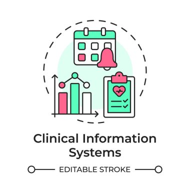 Klinik bilgi sistemleri çok renkli konsept simgesi. Sağlık sistemi, ilaç alarmları. Yuvarlak şekil çizimi. Soyut bir fikir. Grafik tasarımı. Sunumda kullanması kolay, kitapçık