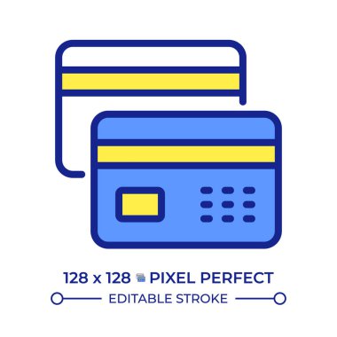 Ödeme kartları piksel mükemmel çizgi renk simgesi. Borç ve kredi kartı. Dijital bankacılık servisi. Kişisel mali yönetim. İzole vektör çizimi. Düz renkli sembol tasarımı. Düzenlenebilir vuruş
