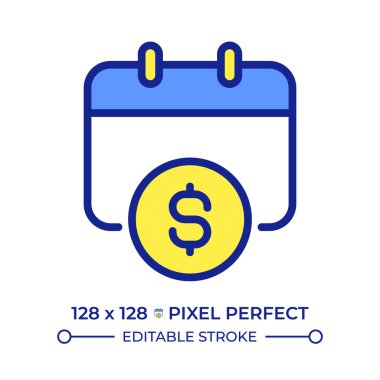 Ödeme zamanlaması piksel mükemmel çizgi renk simgesi. Aylık planlama bütçesi. Bozuk paralı takvim kağıdı. Mali kontrol. İzole vektör çizimi. Düz renkli sembol tasarımı. Düzenlenebilir vuruş