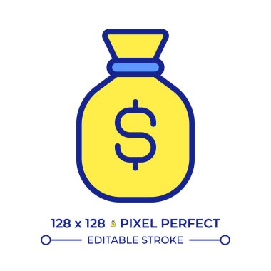 Para çantası pikseli mükemmel çizgi renk simgesi. Dolar işaretiyle bağlanmış çuval. Nakit para. Finansal tutarlılık. Zenginlik. İzole vektör çizimi. Düz renkli sembol tasarımı. Düzenlenebilir vuruş