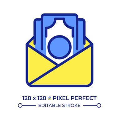 Nakit maaş piksel mükemmel çizgi renk simgesi. Üzerinde banknotlar olan bir zarf. Finansal tasarruflar ve kazançlar. Para geliri. İzole vektör çizimi. Düz renkli sembol tasarımı. Düzenlenebilir vuruş