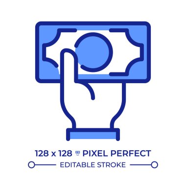 El ele tutuşan nakit piksel kusursuz çizgi renk simgesi. Parayla ödeme. Maaş alan kişi. Finansal tasarruf kontrolü. İzole vektör çizimi. Düz renkli sembol tasarımı. Düzenlenebilir vuruş