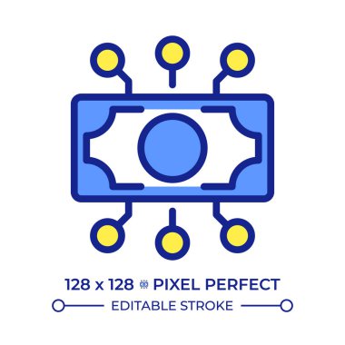 Dijital para birimi piksel mükemmel çizgi renk simgesi. Ağ işlemlerini engelle. Nakitsiz ödeme servisi. Geleceğin mali durumu. İzole vektör çizimi. Düz renkli sembol tasarımı. Düzenlenebilir vuruş