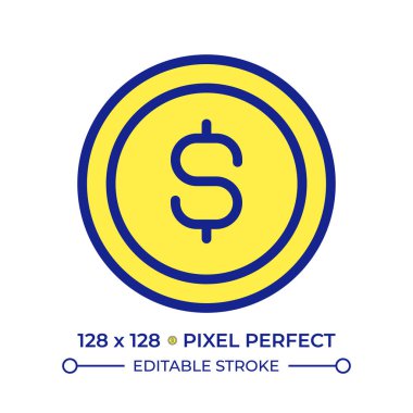 Dolar işareti pikselli sikke kusursuz çizgi renk simgesi. Ödeme için nakit para. Mali gelir ve tasarruflar. Zenginlik. İzole vektör çizimi. Düz renkli sembol tasarımı. Düzenlenebilir vuruş