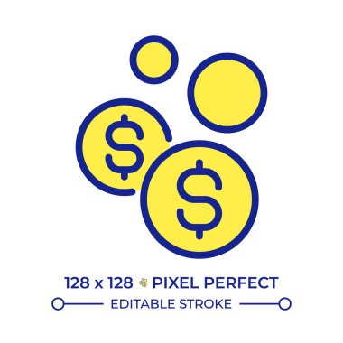 Yüzen madeni paralar piksel mükemmel çizgi renk simgesi. Finansal balon. Ekonomik durgunluk sırasında para yönetimi. - Ticaret. İzole vektör çizimi. Düz renkli sembol tasarımı. Düzenlenebilir vuruş