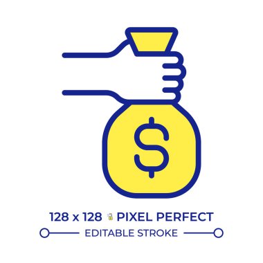 El ele tutuşan para çantası pikseli kusursuz çizgi renk simgesi. Büyük miktarda para. İş dünyasından kar elde etmek. Finansal başarı. İzole vektör çizimi. Düz renkli sembol tasarımı. Düzenlenebilir vuruş