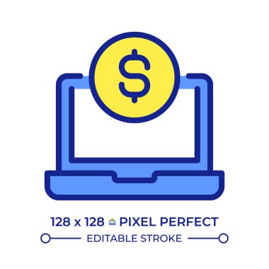 Çevrimiçi bankacılık pikseli mükemmel çizgi renk simgesi. Bir dolar bozuk parayla bilgisayarı aç. Dijital ödeme servisi. Para transferi. İzole vektör çizimi. Düz renkli sembol tasarımı. Düzenlenebilir vuruş